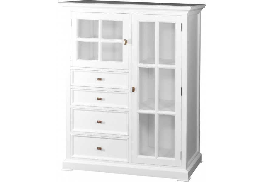 Štýlová masívna vitrína Belliene v bielom prevedení z mahagónového dreva s rustikálnym vyrezávaním