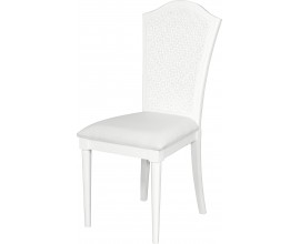 Rustikálna biela drevená jedálenská stolička Belliene bielej farby s čalúnením a vyrezávaným operadlom 105cm