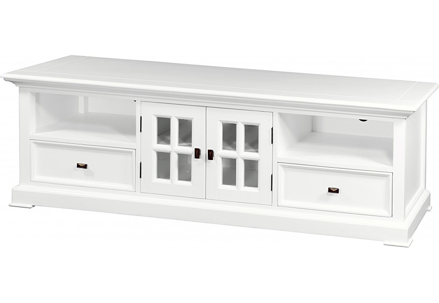 Rustikálny biely masívny TV stolík Belliene z masívneho dreva s poličkami, zásuvkami a dvierkami