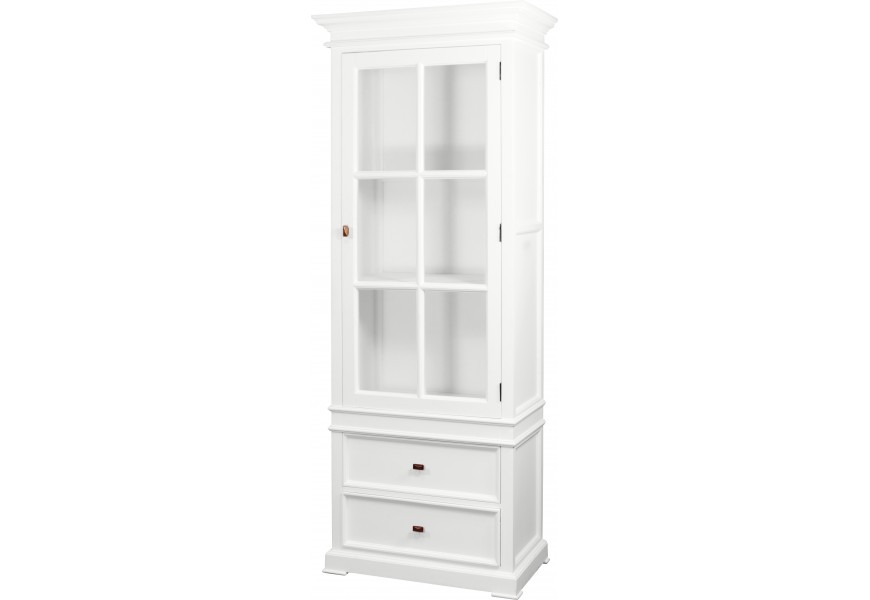 Masívna provensálska biela vitrína Belliene z mahagónového dreva s dvomi zásuvkami a sklenenými dvierkami