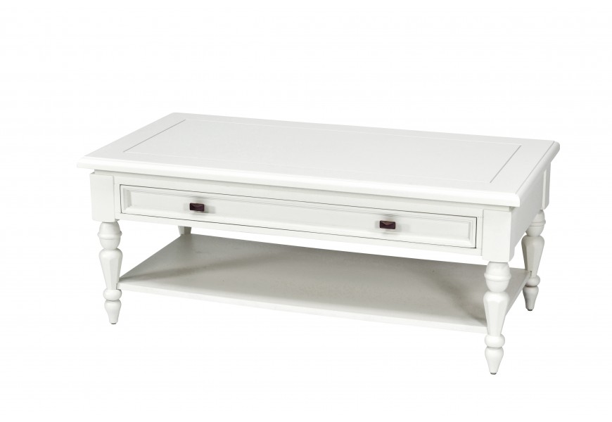 Luxusný provensálsky konferenčný stolík Belliene z masívu v bielej farbe s polohovateľnou vrchnou doskou a ručne vyrezávanými no
