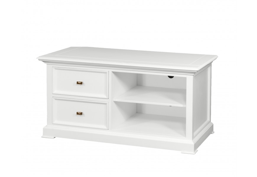 Provensálsky TV stolík Belliene z masívneho dreva v bielom lakovanom prevedení so zásuvkami a poličkou