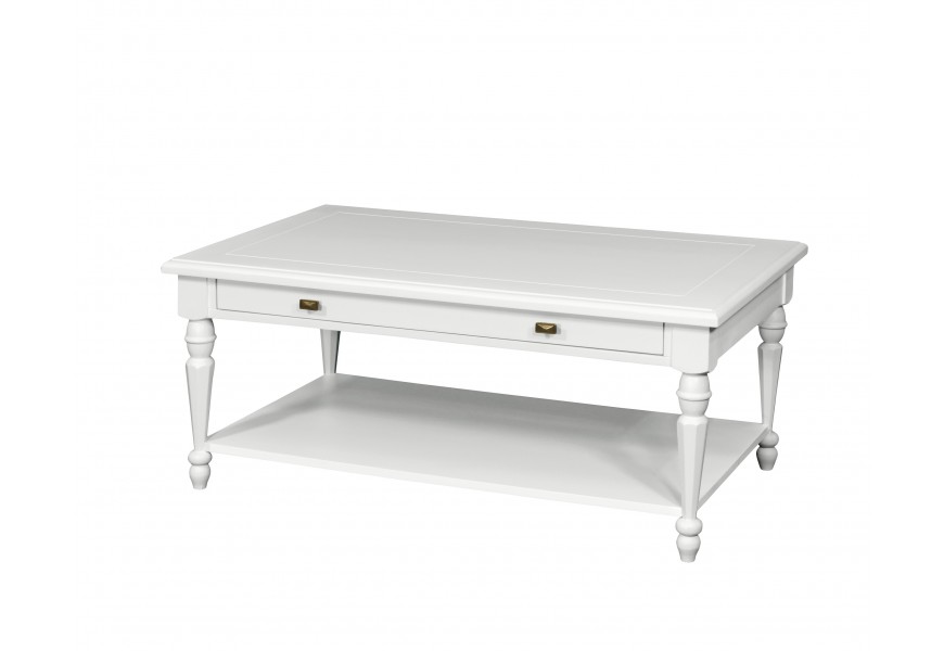 Luxusný provence konferenčný stolík Belliene z masívu bielej farby s dizajnovo vyrezávanými nožičkami a úložným priestorom