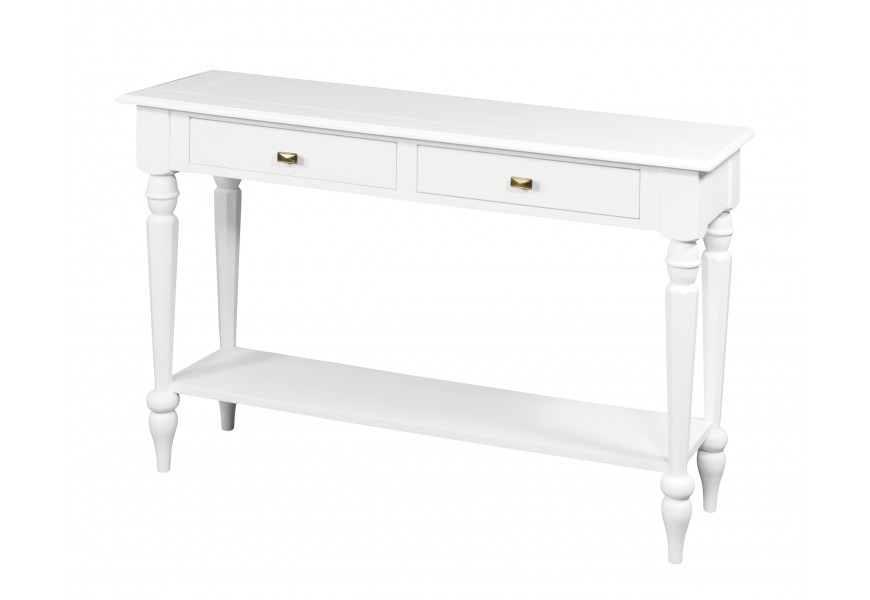 Provens&aacute;lsky konzolov&yacute; stol&iacute;k Belliene v bielom mas&iacute;vnom vyhotoven&iacute; s dvoma z&aacute;suvkami a vyrez&aacute;van&yacute;mi nožičkami 120cm