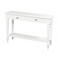 Provens&aacute;lsky konzolov&yacute; stol&iacute;k Belliene v bielom mas&iacute;vnom vyhotoven&iacute; s dvoma z&aacute;suvkami a vyrez&aacute;van&yacute;mi nožičkami 120cm