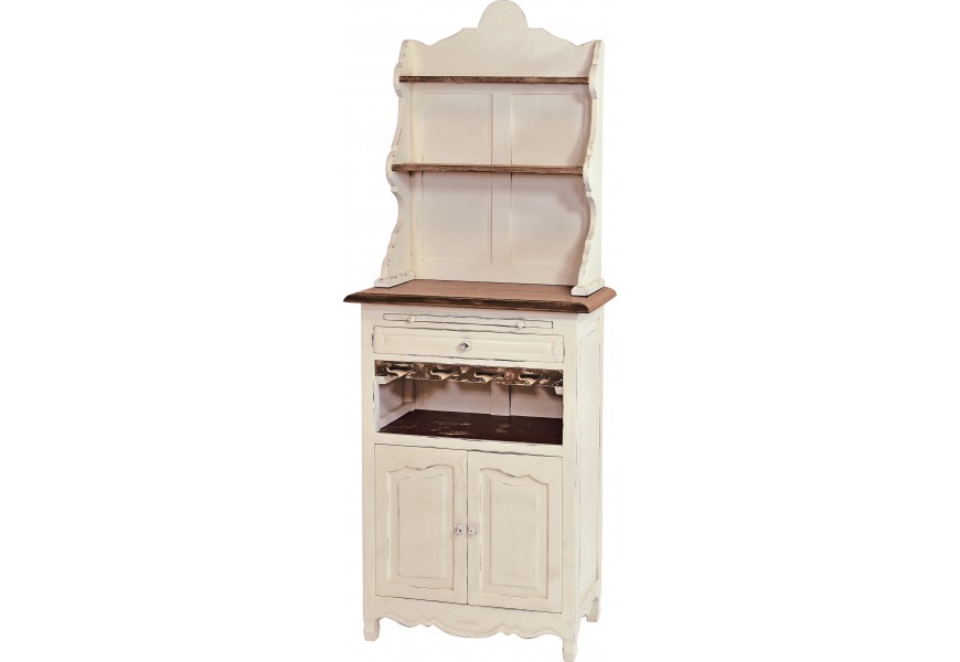 Provensálska masívna mahagónová vitrína Antoinette s vanilkovým náterom úložným priestorom a stojanom na poháre