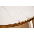 Dizajnový okrúhly príručný stolík Nudy so sklenenou doskou s mramorovým dizajnom bielej farby s tromi nožičkami
