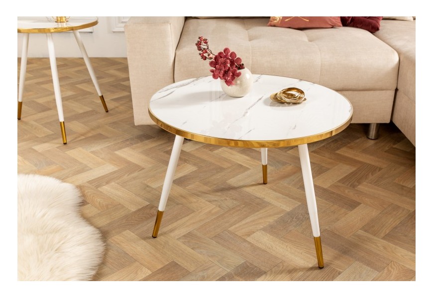 Art-deco okrúhly konferenčný stolík Nudy s mramorovým vzhľadom na vrchnej doske s kovovým rámom