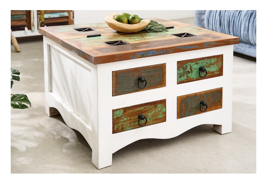 Koloniálny konferenčný stolík Jakarta v bielom masívnom vyhotovení s vnútorným úložným priestorom