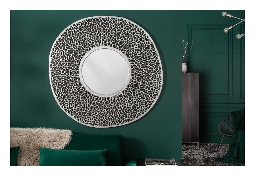 Art-deco okr&uacute;hle n&aacute;stenn&eacute; zrkadlo Hoja z kovovej zliatiny v striebornej farby 112cm