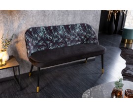 Dizajnová art-deco lavica Floreque čiernej farby s poťahom zo zamatu s palmovým vzorom a s kovovými nožičkami