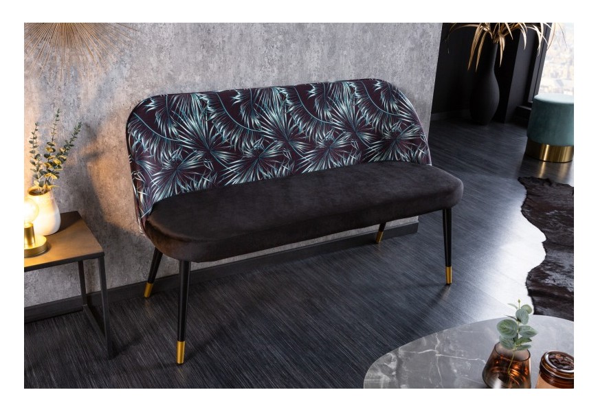 Dizajnová art-deco lavica Floreque čiernej farby s poťahom zo zamatu s palmovým vzorom a s kovovými nožičkami