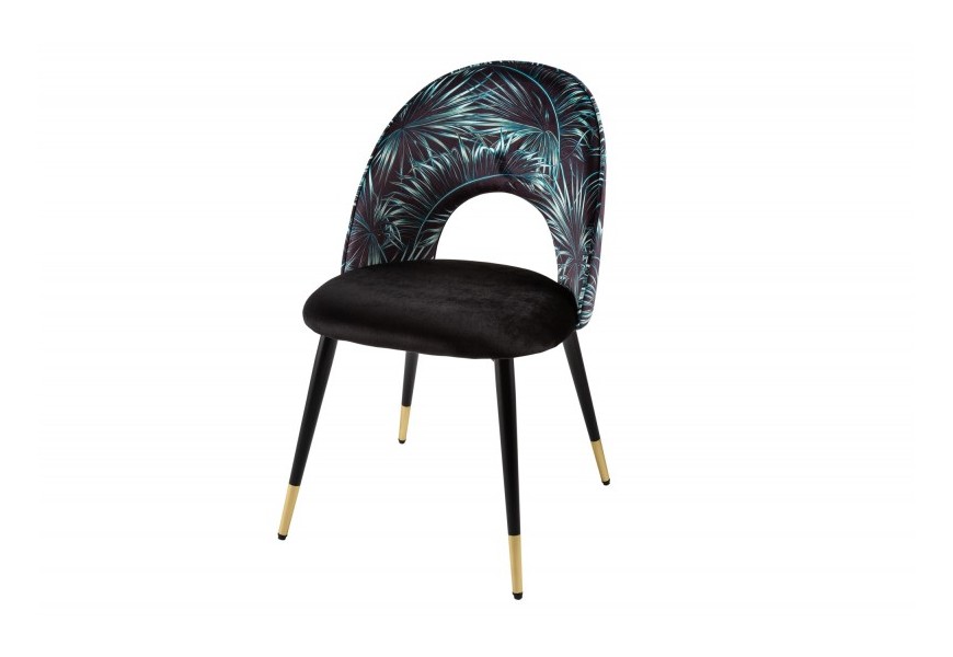 Art deco štýlová stolička Floreque s tmavým čalúnením a florálnym vzorom s kovovou konštrukciou v čiernej farbe 83cm