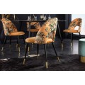 Dizajnová art deco stolička Floreque s čalúnením z mikrovlákna v zlato-žltej farbe s čiernymi kovovými nožičkami
