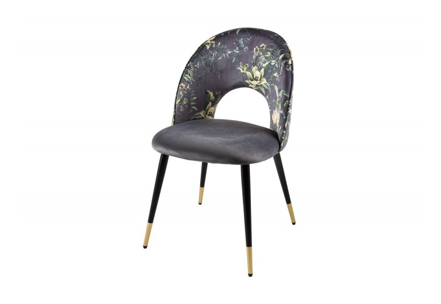 Štýlová čalúnená stolička Floreque v sivom prevedení s potlačou flóry v art deco štýle