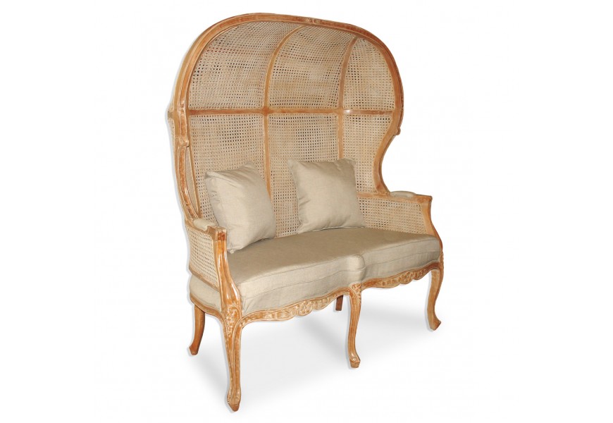 Masívne porter kreslo Ceilao s dvomi miestami na sedenie v koloniálnom štýle s ratanovým výpletom a rustikálnym vyrezávaním