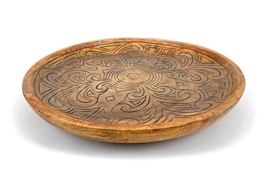 Univerzálna okrúhla štýlová misa Talia s ručne vyrezávanými ornamentmi z prirodzeného stredne hnedého dreva
