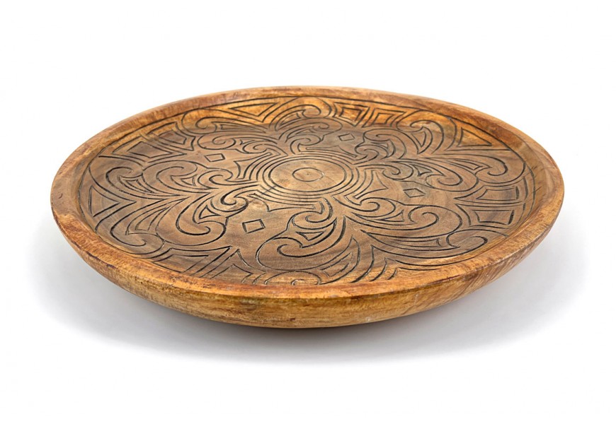 Univerzálna okrúhla štýlová misa Talia s ručne vyrezávanými ornamentmi z prirodzeného stredne hnedého dreva