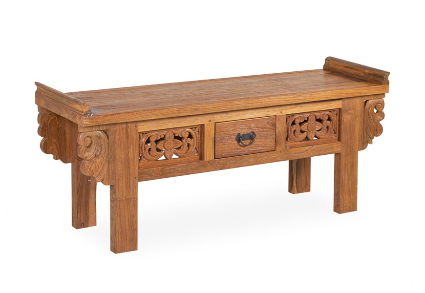 Exoticky pôsobiaca lavica Talia so štyrmi nožičkami a ručne vyrezávanými ornamentmi v škoricovom prevedení so zásuvkou