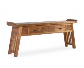 Koloniálny konzolový stolík Talia z exoticky pôsobiaceho dreva a lesklou povrchovou úpravou s dvomi zásuvkami 200cm