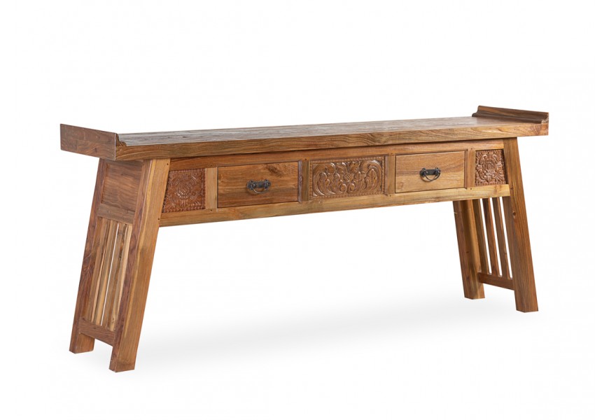Koloniálny ručne zdobený konzolový stolík Talia s etno prvkami a šikmými nožičkami v tmavom drevenom prevedení so zásuvkami