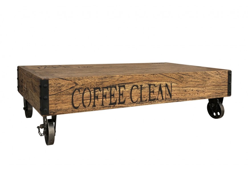 Industriálny masívny konferenčný stolík Cafetalero z kvalitného dreva mindi s kovovými kolieskami a rožnými čiernymi lištami s n