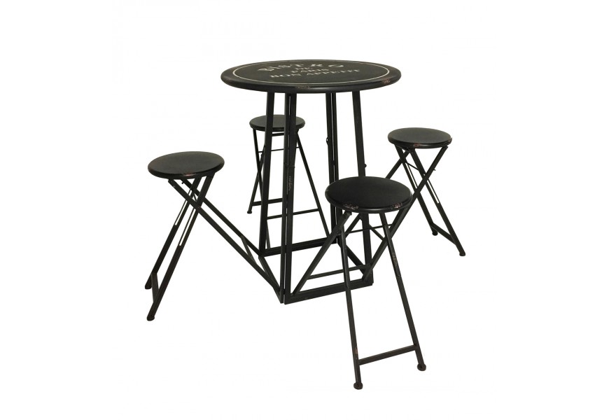 Industriálny barový stolík Stanley v čiernom matnom prevedení s ošúchaným efektom a štyrmi skladateľnými stoličkami