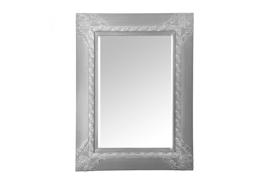 Honosné vintage sivé zrkadlo Ancilla obdĺžnikového tvaru s hrubým hlineným rámom a vystúpenými ornamentmi