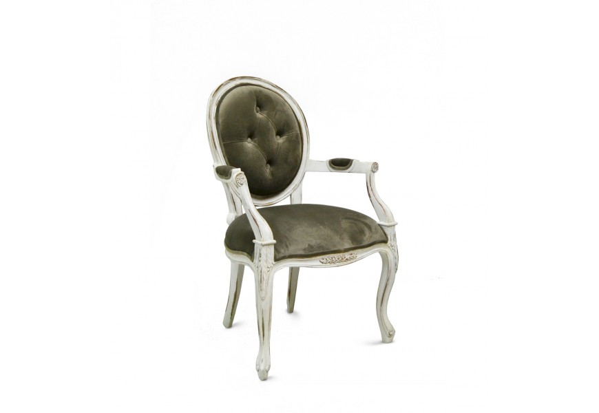 Luxusná čalúnená vintage vyrezávaná jedálenská stolička Adrien s bielym ošúchaným náterom a čalúnením v army-hnedej farbe