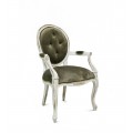 Luxusná čalúnená vintage vyrezávaná jedálenská stolička Adrien s bielym ošúchaným náterom a čalúnením v army-hnedej farbe