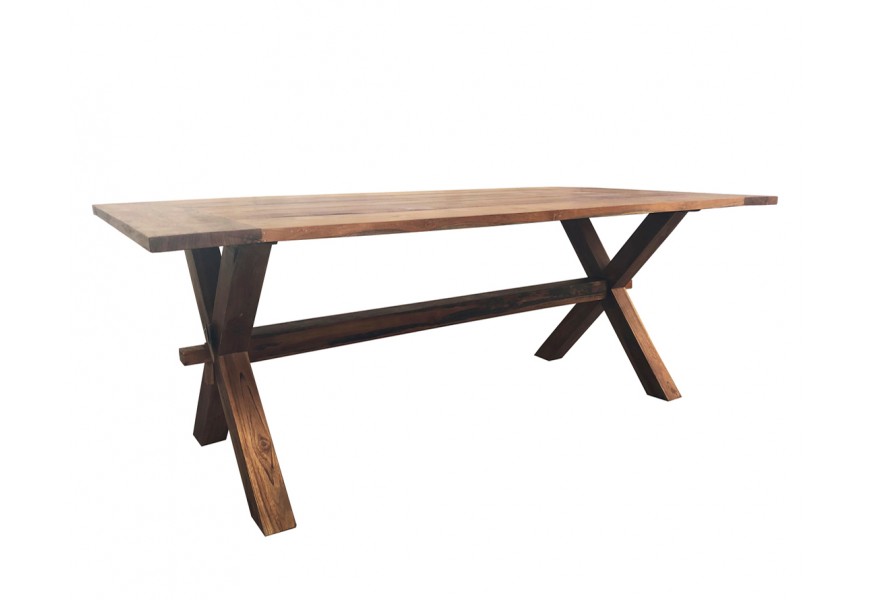 Masívny ručne vyrábaný jedálenský stôl Camile s prekríženými nohami z exotického teakové dreva v koloniálnom štýle