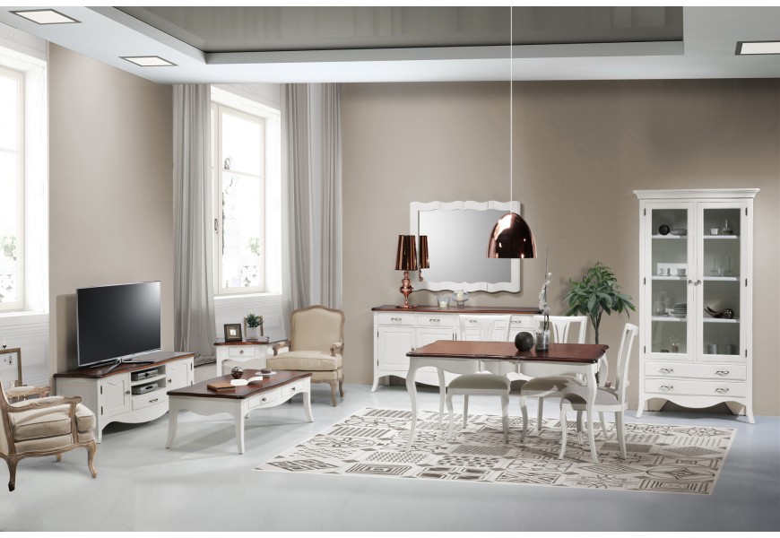 Luxusní provensálská obývací sestava Deliciosa v bílém provedení z masivního mahagonového dřeva s tmavě hnědými prvky