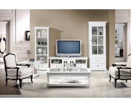 Luxusná biela rustikálna obývacia zostava Belliene z masívu s čistými líniami v bielej farbe a ozdobným vyrezávaním