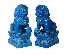 Orientálny set lesklých tmavomodrých sošiek Fu Dogs v kobaltovo modrej farbe z porcelánu 39cm