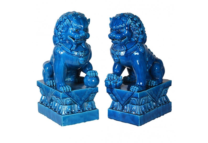 Luxusný set tmavomodrých sošiek z porcelánu Fu Dogs v modrom orientálnom štýle