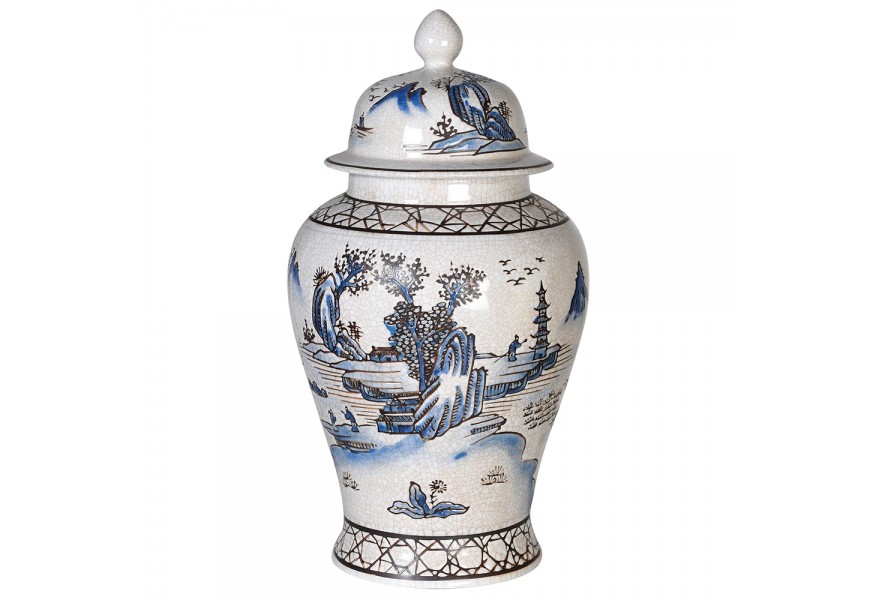Orientálna porcelánová nádoba Rongi s modrou tématickou kresbou ázijského vidieka