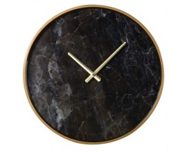Čierne mramorové art-deco nástenné hodiny Escapist s okrúhlym zlatým rámom a ručičkami