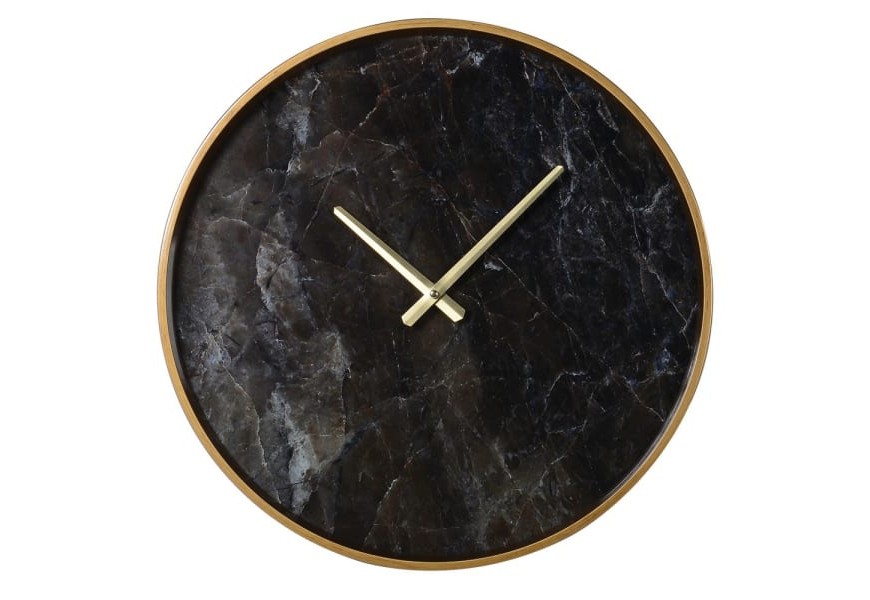 Čierne mramorové art-deco nástenné hodiny Escapist s okrúhlym zlatým rámom a ručičkami