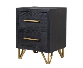Dizajnový art-deco nočný stolík Benedict v čiernej farbe s dreva so zlatými kovovými prvkami a dvomi zásuvkami