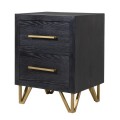 Dizajnový art-deco nočný stolík Benedict v čiernej farbe s dreva so zlatými kovovými prvkami a dvomi zásuvkami