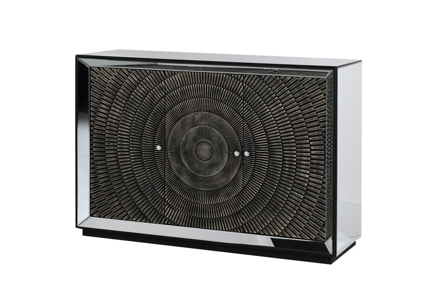 Art-deco zrkadlov&yacute; pr&iacute;born&iacute;k Espejo Nera do jed&aacute;lne čiernej farby s dvierkami s geometrick&yacute;m vyrez&aacute;van&iacute;m 120cm