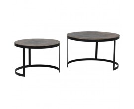 Industriálny set dvoch kruhových konferenčných stolíkov Black Iron z kovu s mosadzným povrchom a čiernymi nohami 76cm 