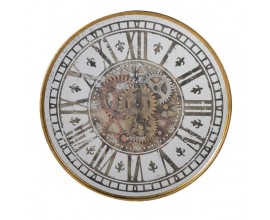 Vintage okrúhle nástenné hodiny Clockwork z dreva a kovu so zlatým rámom a ozubenými kolieskami 60cm