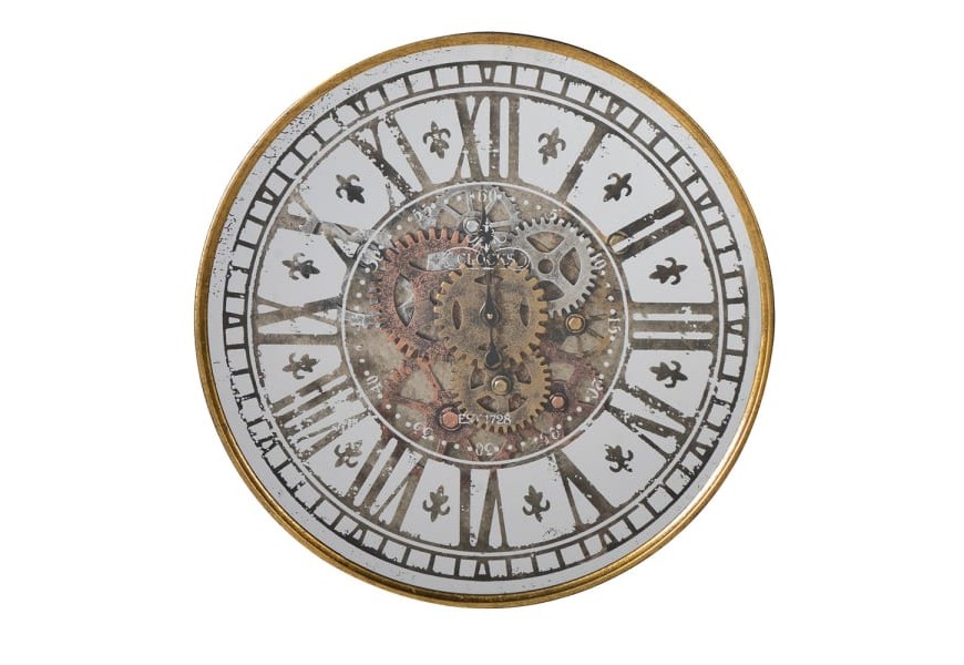 Vintage okrúhle nástenné hodiny Clockwork z dreva a kovu so zlatým rámom a ozubenými kolieskami 60cm