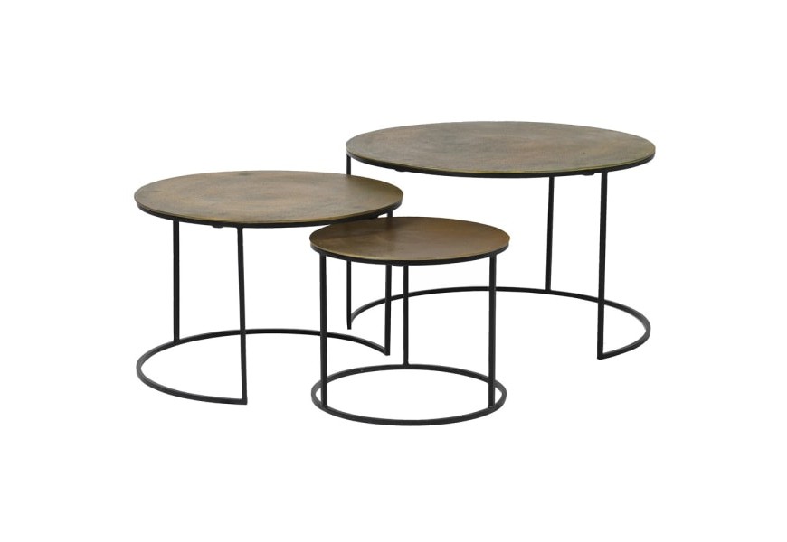 Dizajnový set troch industriálnych okrúhlych konferenčných stolíkov Black Iron z kovu v čierno-hnedom prevedení