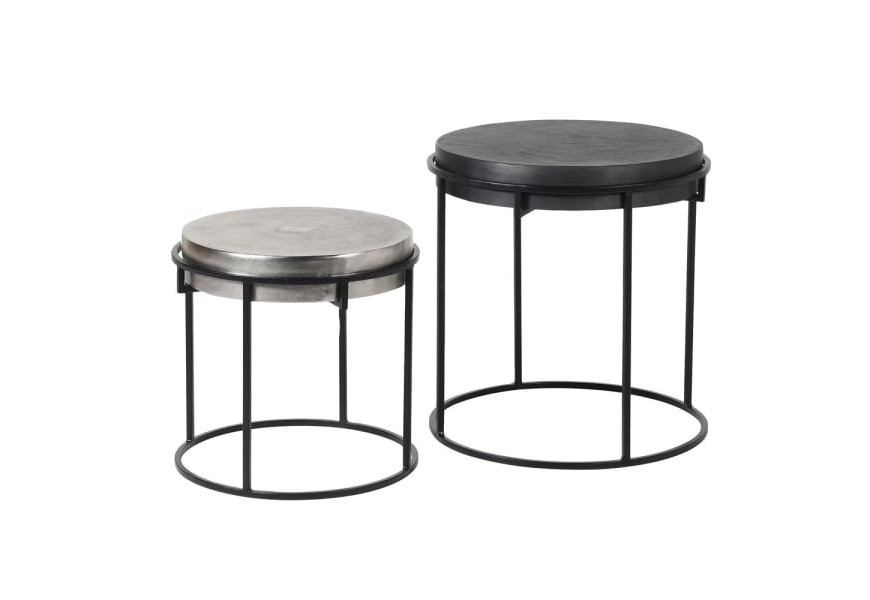 Industri&aacute;lny set dvoch okr&uacute;hlych pr&iacute;ručn&yacute;ch stol&iacute;kov Black Iron v sivo-čiernom preveden&iacute; 52cm