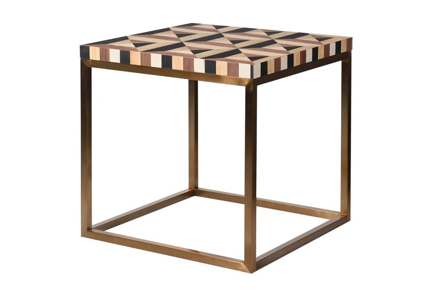Dizajnový štvorcový príručný stolík Betlien v art-deco štýle z dreva hnedo-čiernej farby so zlatou kovovou konštrukciou