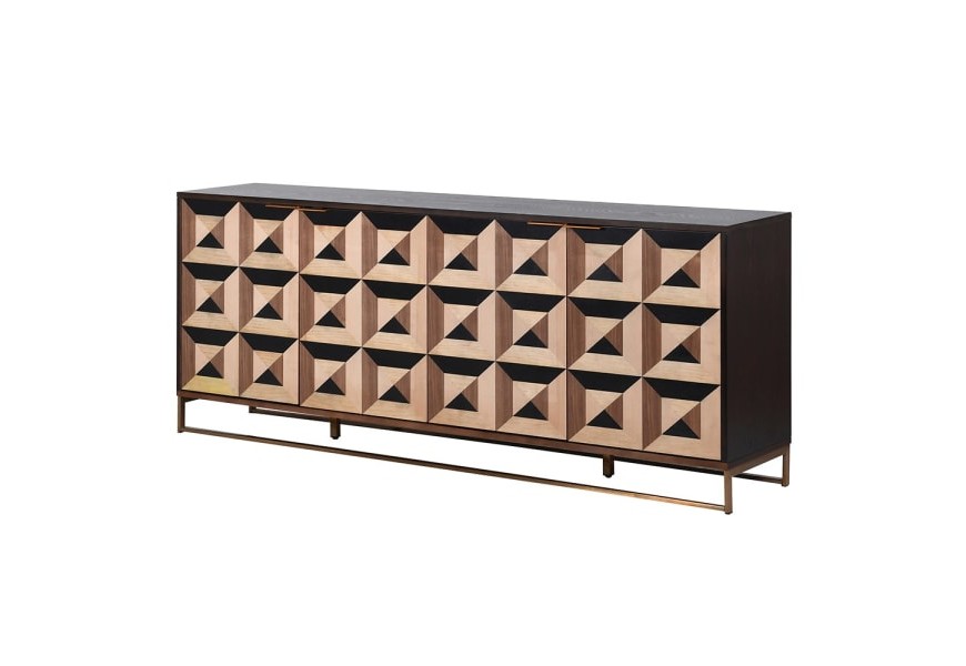 Art deco pr&iacute;born&iacute;k Betlien z dreva a kovu s dizajnov&yacute;mi geometrick&yacute;mi vzormi v hnedom preveden&iacute; 202cm