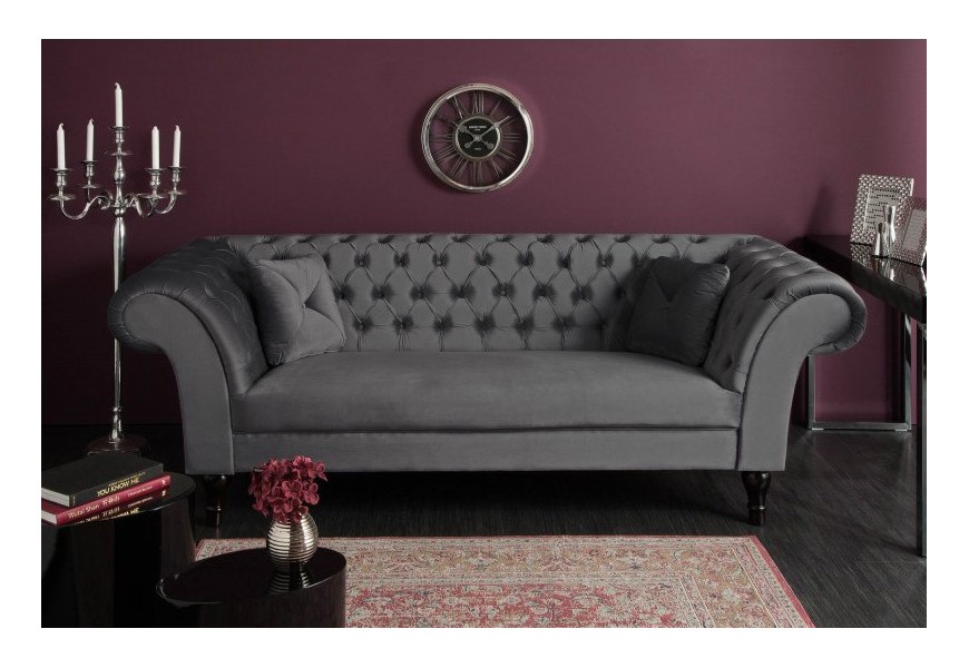 Chesterfield strieborno sivá zamatová pohovka Contessa 230cm