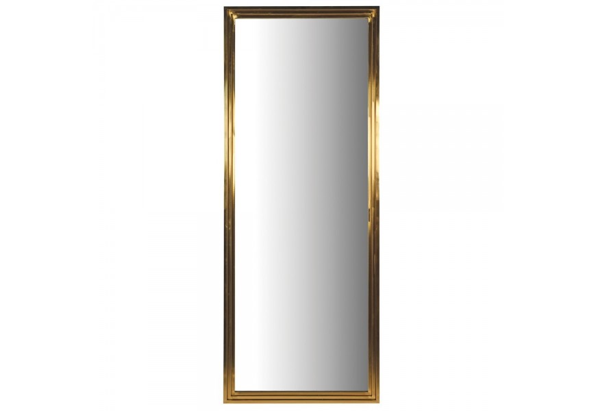 Luxusné vysoké nástenné zrkadlo Cristal v hrubom ráme zlatej farby v art-deco štýle so sklenenými policami